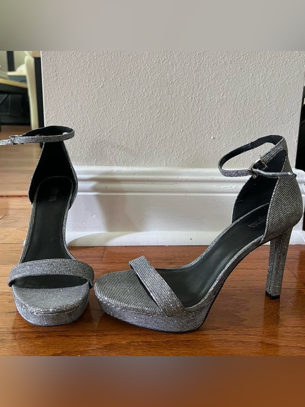 Michael Kors Silver Glitter Platform Ankle-Strap Heels